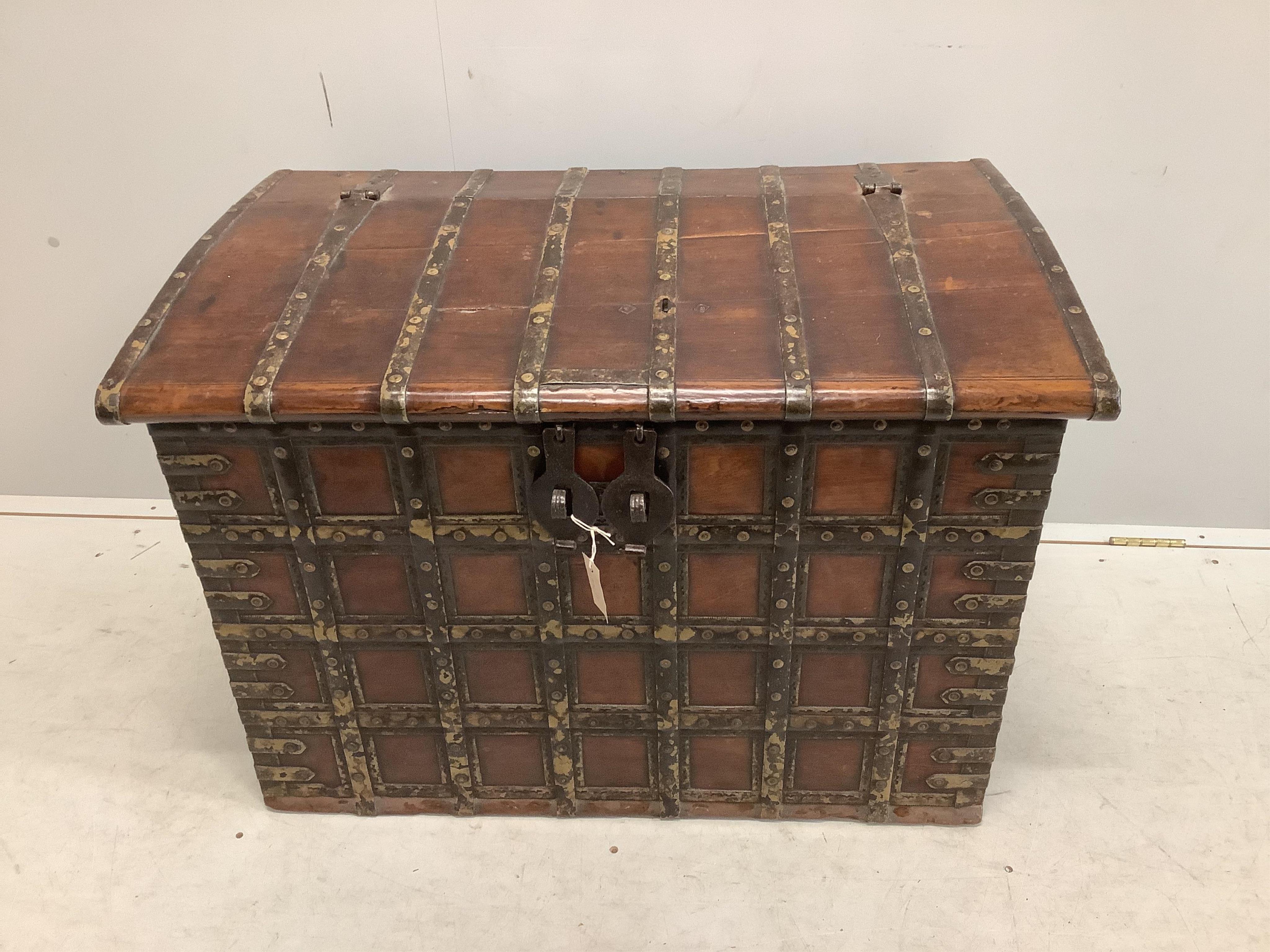 A 19th century Indian iron bound trunk, width 89cm, depth 54cm, height 61cm. Condition - fair to good